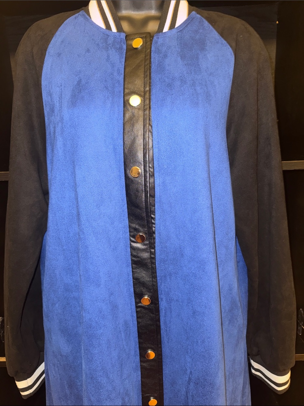 QMPModa Long Blue and Black Bomber-Style Coat